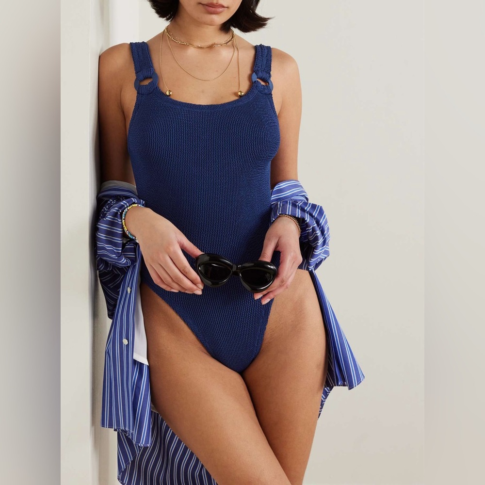NEW HUNZA G Domino Embellished Metallic Seersucker Navy Swimsuit One Size